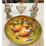 A pair of Sitzendorf figures of shepherds with wine (male figure a.f.); a Coalport hand painted bowl
