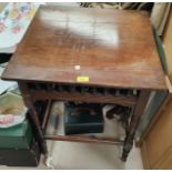 An Edwardian walnut occasional table with square top; a lightwood nest of 3 occasional tables; a