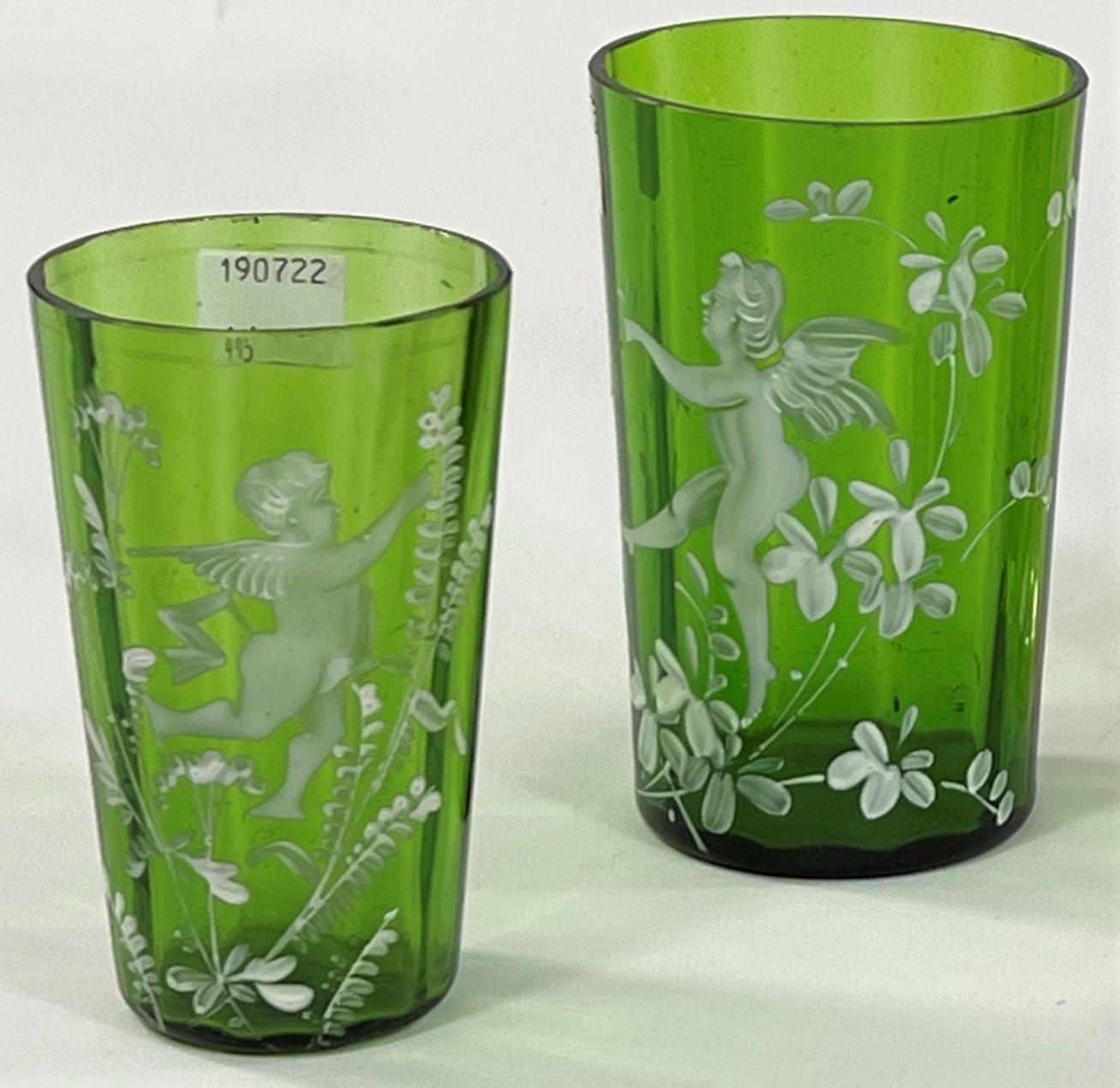 A pair of Mary Gregory green glass vases decorated with boy hunter and stags, height 25cm (1 - Image 6 of 6