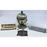 A hallmarked silver mesh purse; a silver plated egg coddler; a Parker stainless steel pen set; a