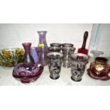 A selection of coloured glassware; 6 silver overlaid tumblers