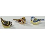 Three Royal Crown Derby garden birds:  Yellow Hammer and 2 Blue Tits, all with golden stopper, 2