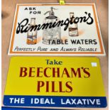 An 'Ask for Rimmington's' soda syphon advertising sign, thick card backing; a 'Beecham's Pills' tin
