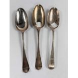 An 18th century silver tablespoon with picture back, London 1774; 2 other 18th century spoons, 5.