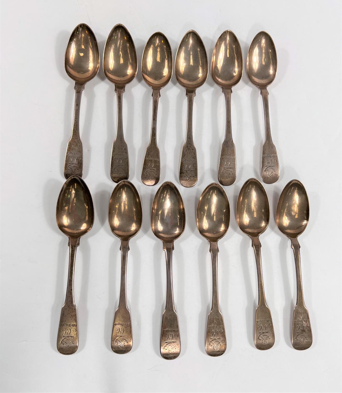 Twelve Georgian silver matched Scottish tablespoons, monogrammed and etched 'Rifle Brigade' to