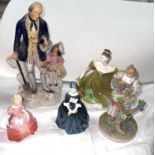 A 19th century Staffordshire group:  Man with spade and child; 2 Royal Doulton ladies:  Lynne &