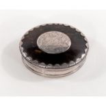 An 18th century white metal and tortoiseshell oval trinket box with detachable lid, crested and