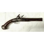 A 19th century flintlock pistol, muzzle loading with white metal mounted decoration and relief