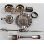 A pair of silver salts, London 1764; a mustard pot Birmingham 1941; a Georgian silver fork; a
