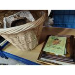 Three wicker baskets; a vintage Paddington Bear book; a coloured etching; a watercolour