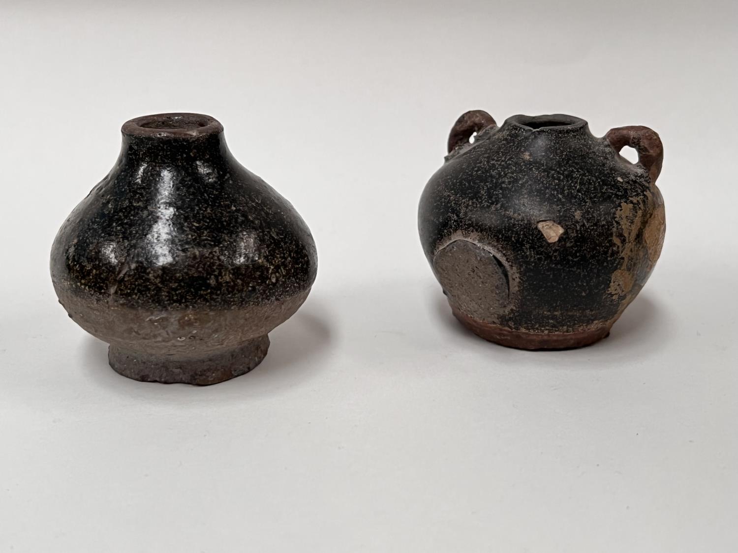 A Chinese small ceramic whistle; 2 Cambodian small vases with dark mottled glaze, possibly Khmer, - Image 2 of 3