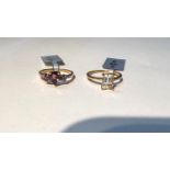 2 9 carat hallmarked gold dress rings, 1 set with 3 colour change garnets and 4 small diamonds,