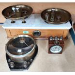 A set of marble top scales and various weights; a brass voltmeter; etc.