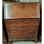 A Georgian mahogany fall front bureau with three drawers bellow and fitted interior, 71x97cm