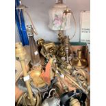 A selection of early/mid 20th century table lamps and other brassware