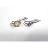 2 9 carat hallmarked gold dress rings, 1 set with oval Tanzanite stone 1.3carats, size L/M, the