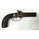 A 19th century 4 barrel rotating percussion pistol with crosshatched pistol grip, scrolled etched