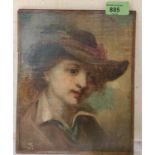 A 19th century oil on canvas of youth in feather cap backed on board, sloped indistinctly to lower