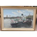 Harry Taylor Hoodless 1913-1997:  Thames scene with moored "Old Caledonian" ferry, Houses of