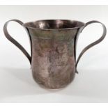 An 18th century silver double handled cup with etched monogram to front flared rim, Newcastle