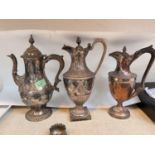 A silver on copper coffee pot of classical form; 2 similar wine jugs