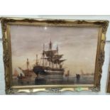 R H Nibbs:  watercolour, partly rigged frigate with another behind, signed, 53 x 73cm, gilt framed