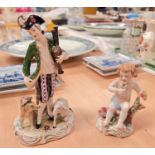 A late Meissen figure:  man in 18th century dress with bagpipes and sheep, crossed swords mark; a