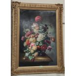 Mielof: oil on board, still life of flowers in vase, signed, 89 x 59 cm, in antique style gilt frame