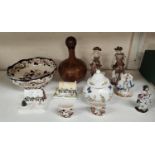 A Masons bowl and 2 small vases;; 2 Coalport cottages;