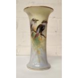 A Royal Worcester waisted vase with  flared rim, hand painted decoration of Kookaburras on branch,