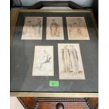 A collection of 5 early 19th century fashion prints, framed as one; a 1930's oak framed wall mirror