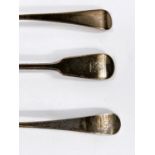 A Georgian silver basting spoons, 1 fiddle pattern, 2 Old English pattern, 1808 & 1809, marks