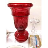 A clear glass lustre with cut drops; a large ruby glass vase; glassware etc.