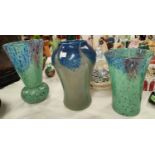 Three Scottish 'Monart' style glass vases in mottled blues/greens, etc., 1 x 21cm, 2 x 25cm