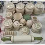 A 1930's "Kleen Kitchen" storage set:  storage jars; sugar sifters; rolling pin; etc., 17 pieces