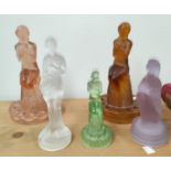 Two 1930's coloured frosted glass table centres of seated semi-clad ladies on columns, pink and