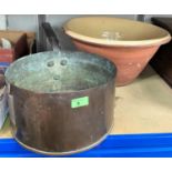 A large 19th century copper pan; a Salter heavy spring balance; an earthenware bread mug
