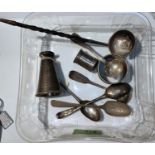 A hallmarked silver pair of Georgian silver salt spoons, London 1875; other silver items; etc.