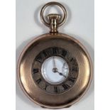 A Waltham keyless half hunter pocket watch in 9 carat hallmarked gold, with engine turned decoration