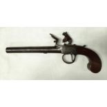 A 19th century flintlock pistol, muzzle loading with box lock action, unusually long barrel with