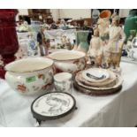 A Victorian pair of potties decorated with flowers; a blue & white warming dish and other blue and