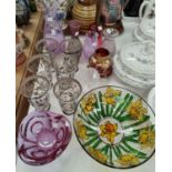 A selection of coloured glassware; 6 silver overlaid tumblers