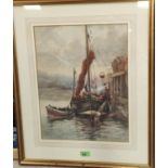 Frances E Nesbitt:  watercolour, fishing vessel unloading catch, signed, 44 x 34cm, framed