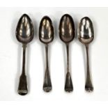 Three 18th century Hanoverian crested silver tablespoons, London 1733, 1755 & 1740, various