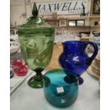 A late 19th century Chemist's green glass lidded leech jar with similar Bristol blue jug, green