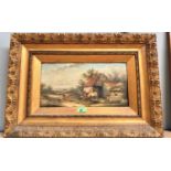 19th century rural scenes with figures of animals outside cottages, pair of oil on canvases,