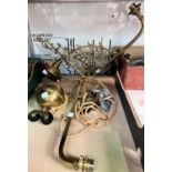 An Edwardian 2 branch brass rise and fall light fitting; and Edwardian ornate brass wall light