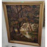 BRITISH, 19th century, WILKINSON? oil on canvas woodland scene with river and boy fishing,