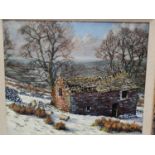 J Mason:  oil on canvas, winter scene with farm building and sheep, signed, 24 x 29cm, framed