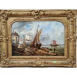 James W. Callow:  oil on canvas, coastal scene with fishing boats and shore buildings, "effect